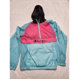 Champion Jacket Mens Medium Blue Pink Colorblock 1/2 Zip Hooded Windbreaker